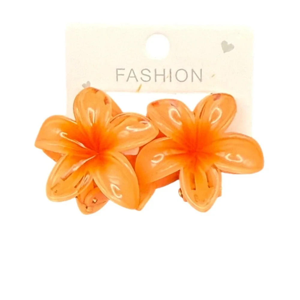 Orange Flower‎ Hair Mini Claw Clip Set 2pc Tropical Plumeria Hibiscus Floral